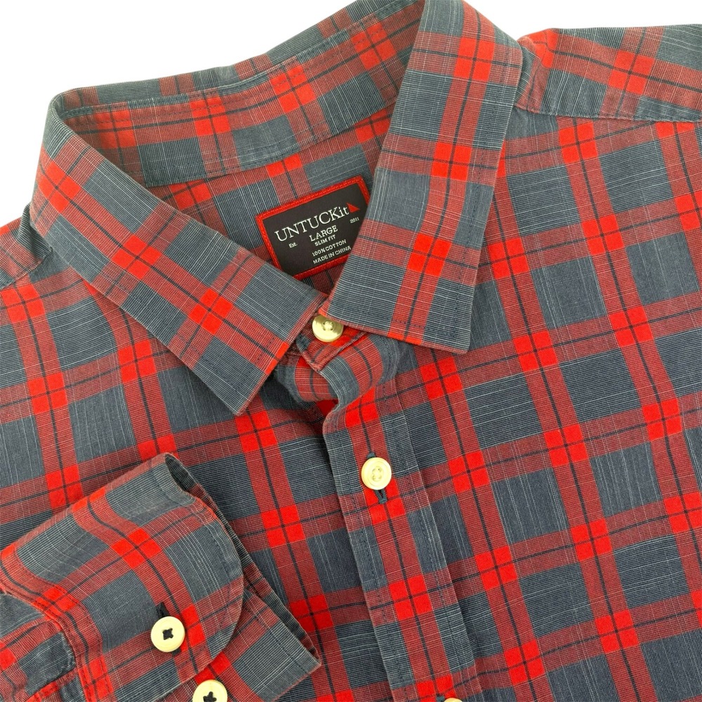 UNTUCKit Mens Large Slim Fit Red Blue Plaid Long‎ Sleeve Button Down Shirt